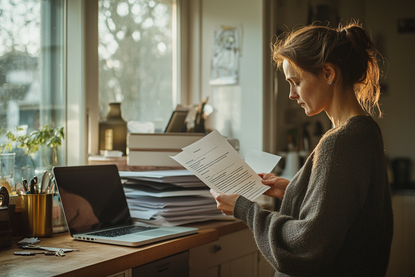 Vrouw aan de keukentafel met papieren en laptop, ochtendlicht door het raam