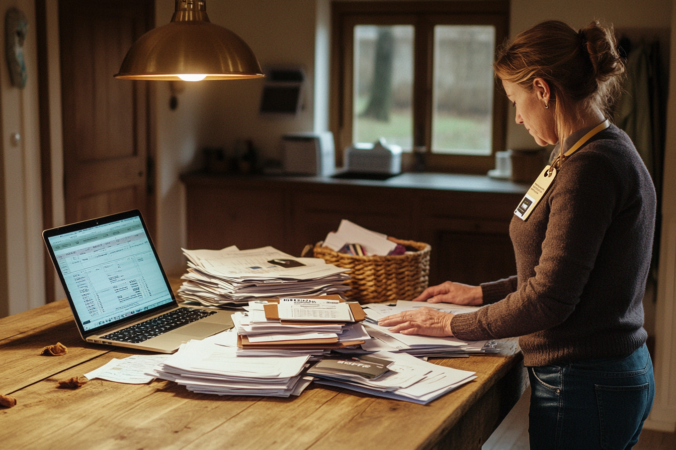 Vrouw aan de keukentafel met papieren en laptop, lamp scheint op het werk
