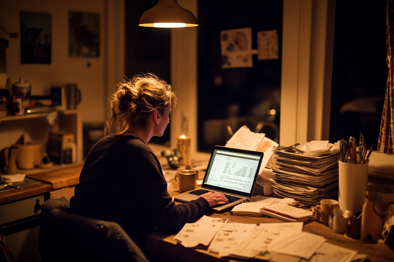 Vrouw aan de keukentafel bij nacht, laptop tussen stapels papier en de schoolagenda's