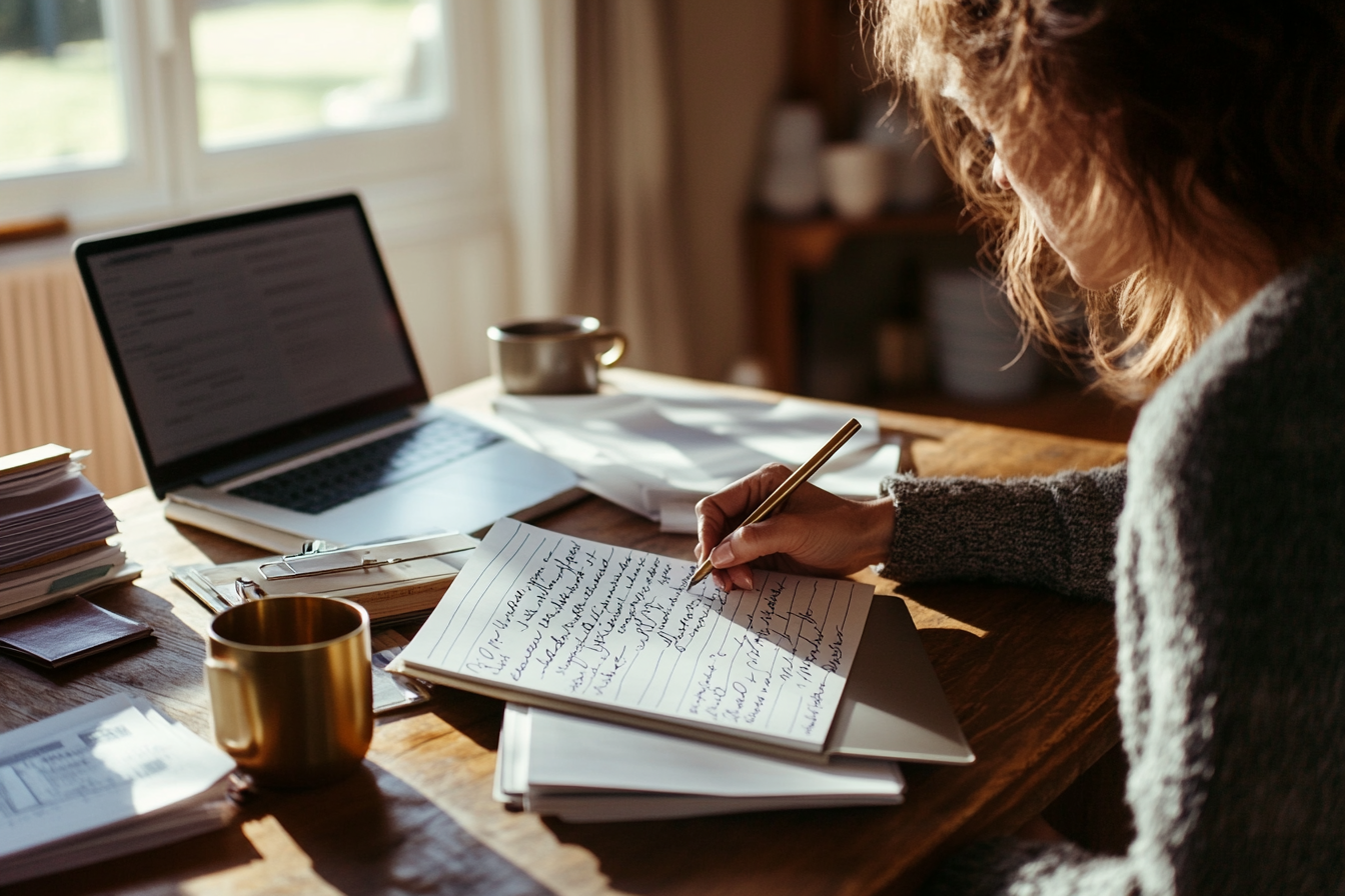 Vrouw schrijft aan keukentafel met laptop, papieren en gouden tas