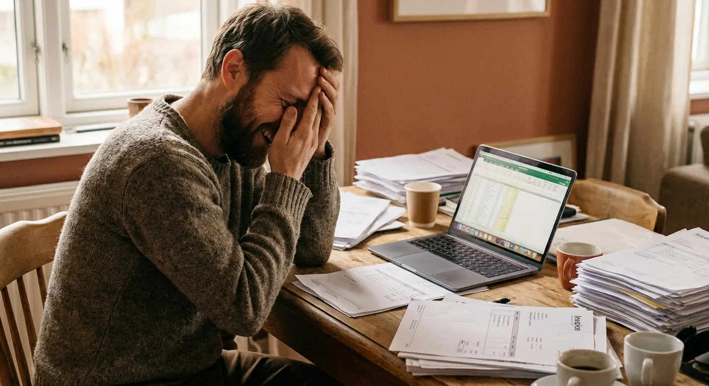 Zelfstandige ondernemer overweldigd door administratie, facturen en geldstress achter een rommelig bureau